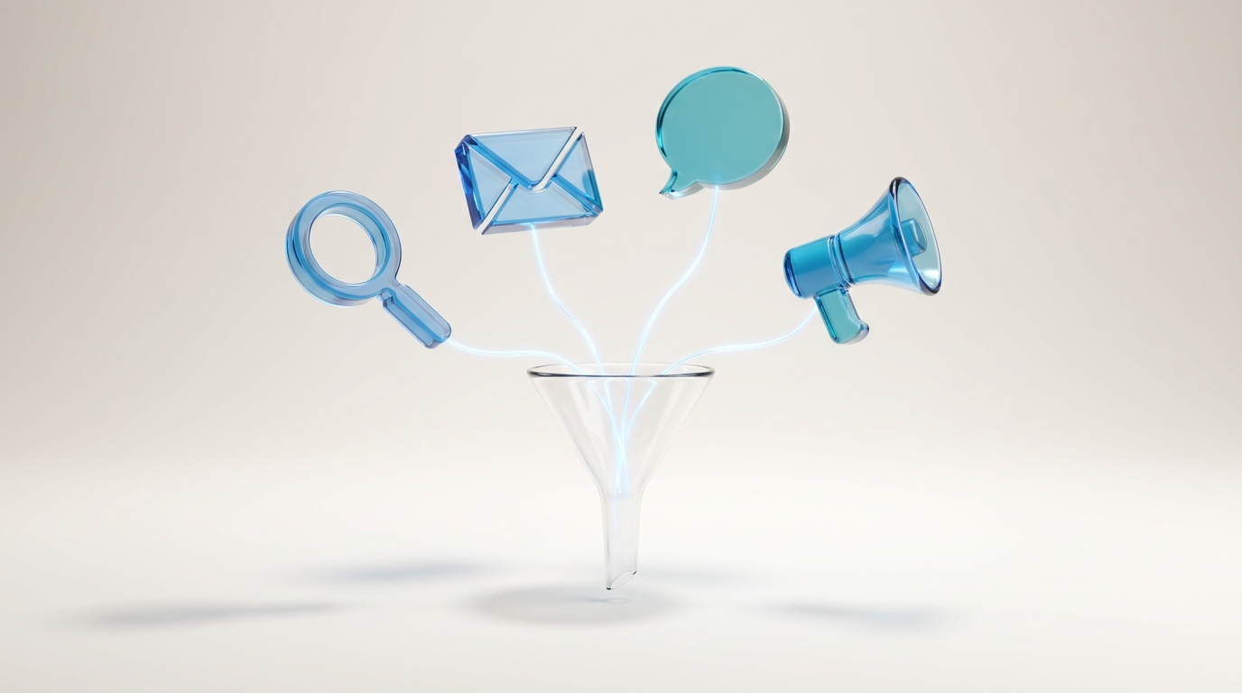 Agencia de marketing digital: iconos de canales en cristal convergiendo en un embudo sobre fondo claro