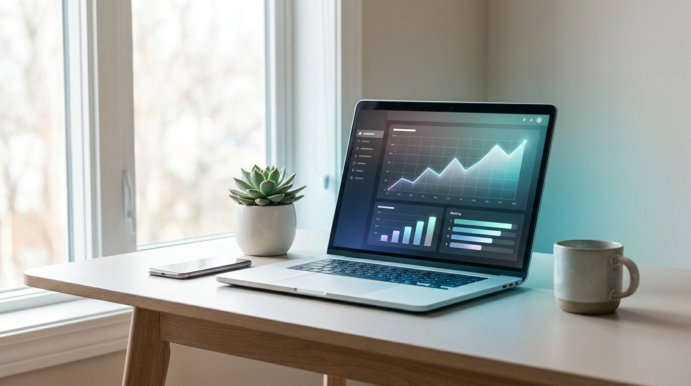Agencia SEO: portátil con panel de analítica y gráfico de posiciones ascendente sobre un escritorio luminoso