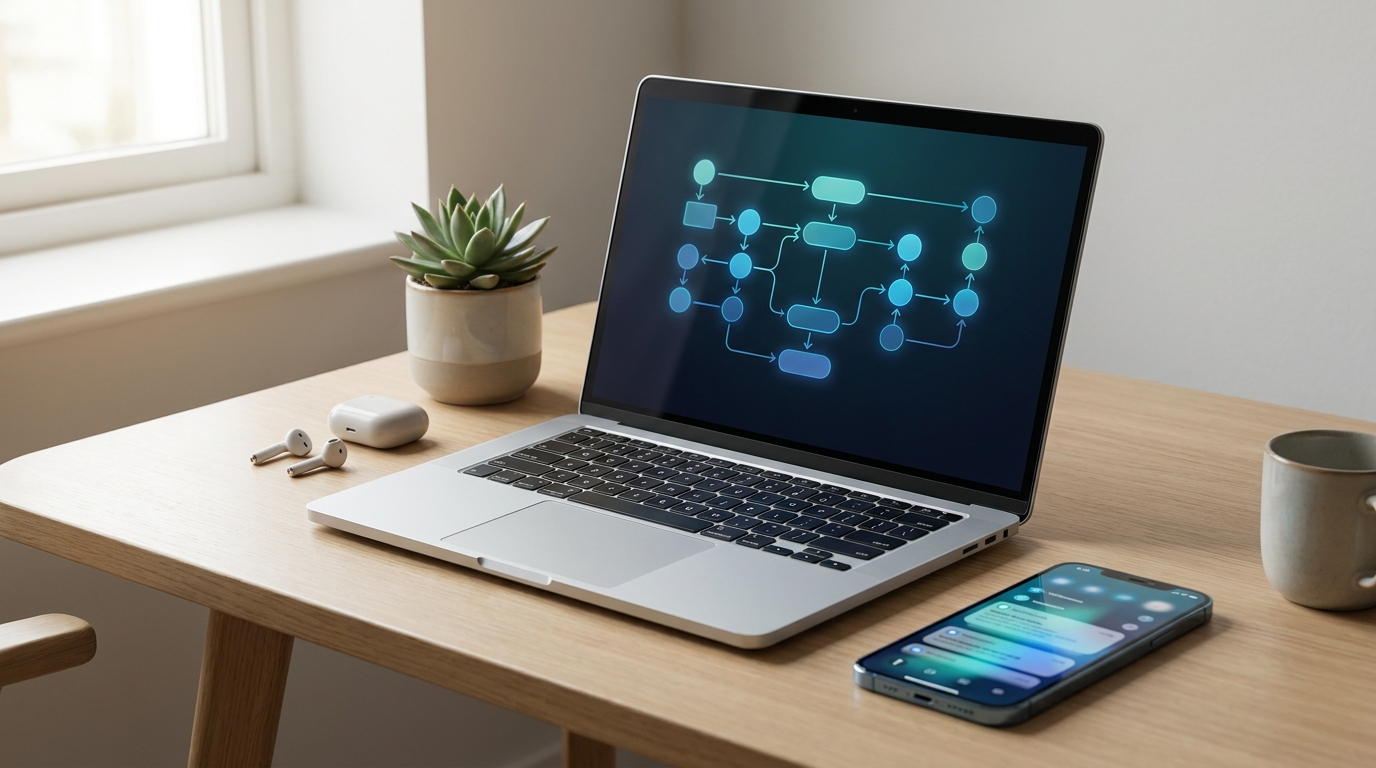 Flujo de marketing automation en un portátil y un móvil