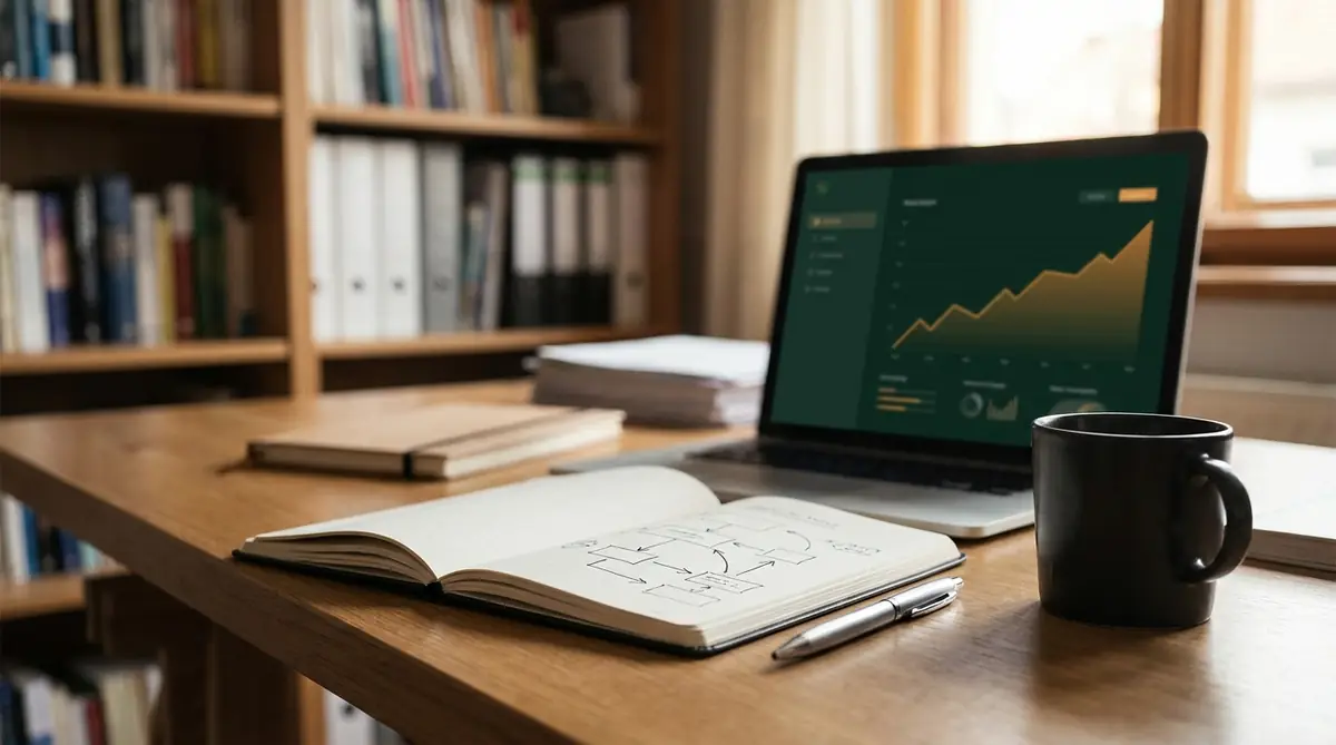 Qué es un consultor SEO: cuaderno con un esquema de trabajo junto a un panel de analítica