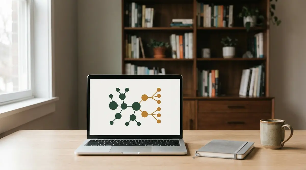 SEO técnico: diagrama de arquitectura web en un portátil sobre un escritorio
