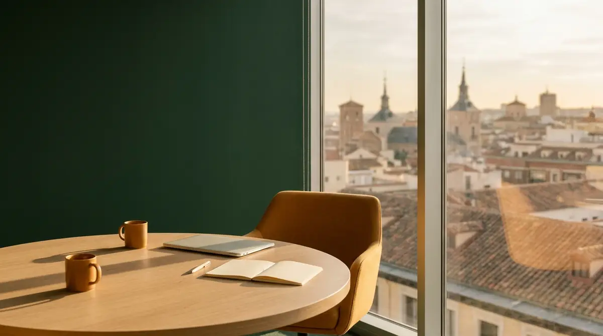 Sala de reuniones de una agencia de marketing digital en Madrid al atardecer