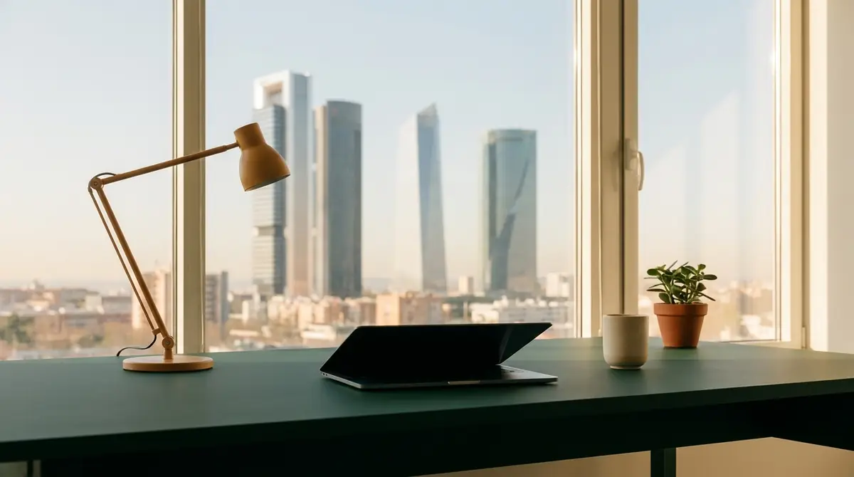 Escritorio de agencia SEO en Madrid con vistas a las Cuatro Torres al amanecer