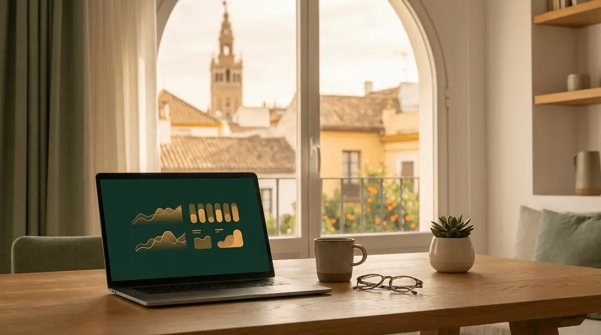 Agencia SEO en Sevilla: escritorio con portátil mostrando un panel de posicionamiento en Google frente a los tejados y el campanario del casco antiguo de Sevilla