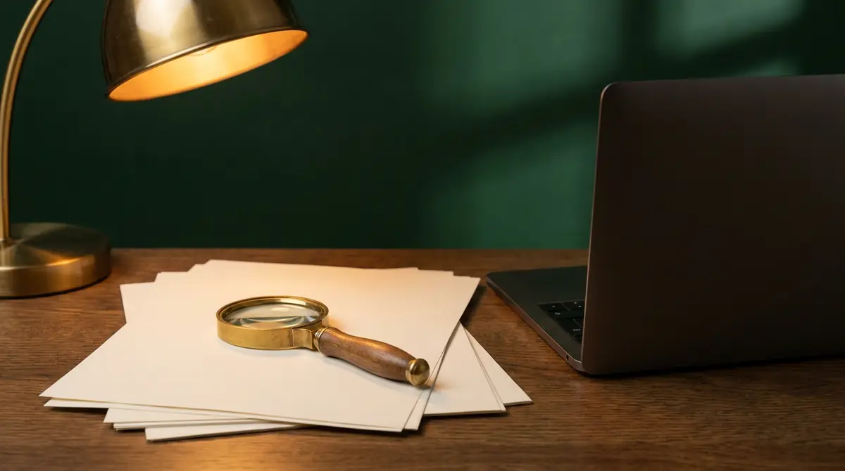 Lupa sobre documentos en un escritorio, revisión propia de una auditoría SEO gratis
