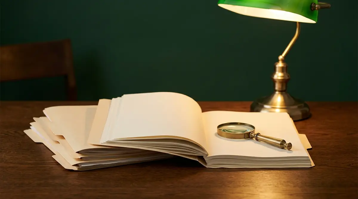 Carpetas y lupa sobre un escritorio durante una auditoría SEO