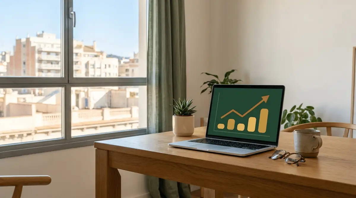 Consultor SEO en Barcelona: escritorio con portátil mostrando la evolución de posiciones en Google frente a los tejados de Barcelona