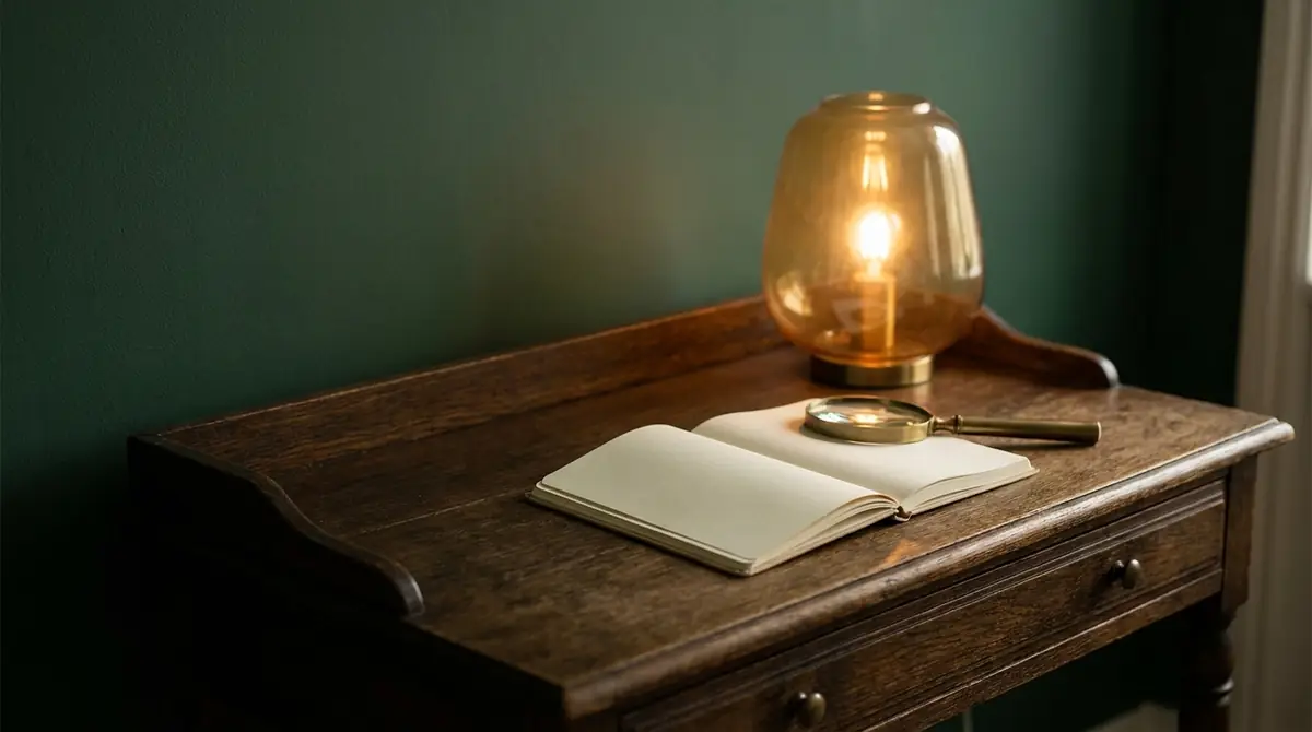 Escritorio de trabajo de un consultor SEO con cuaderno y lupa