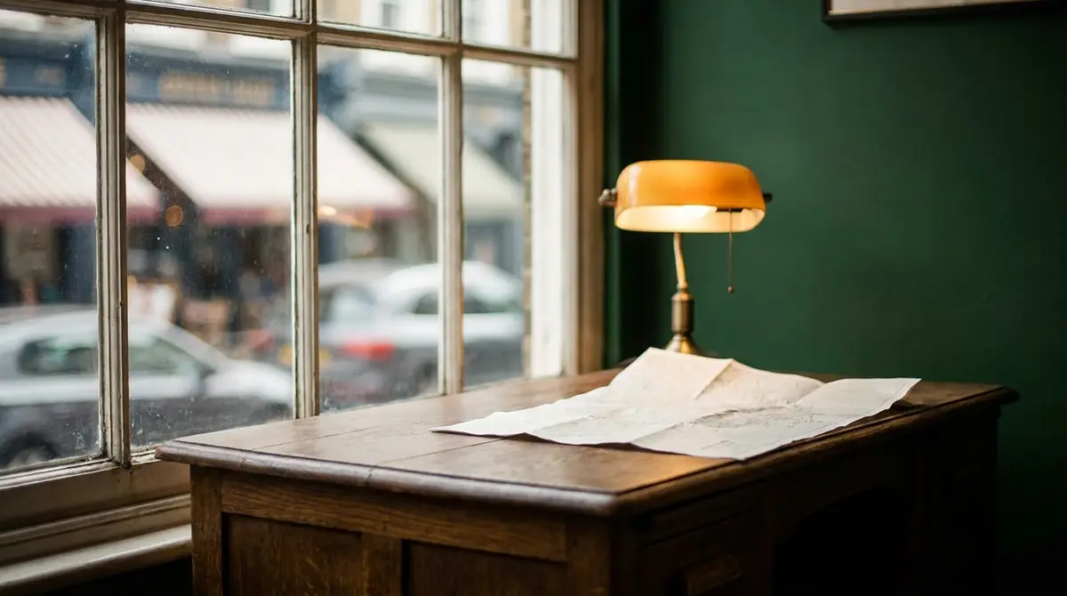 Escritorio de un consultor SEO local junto a una calle de barrio