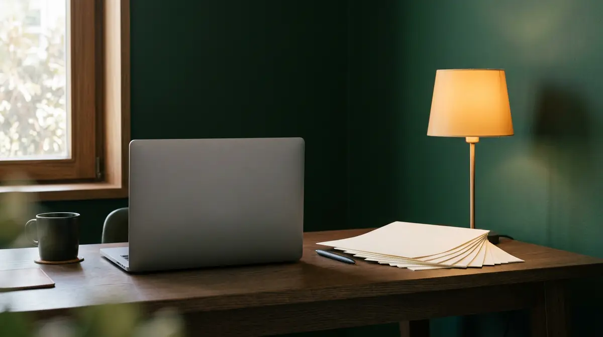 Escritorio de trabajo de un consultor SEO WordPress con portátil y documentos ordenados por capas