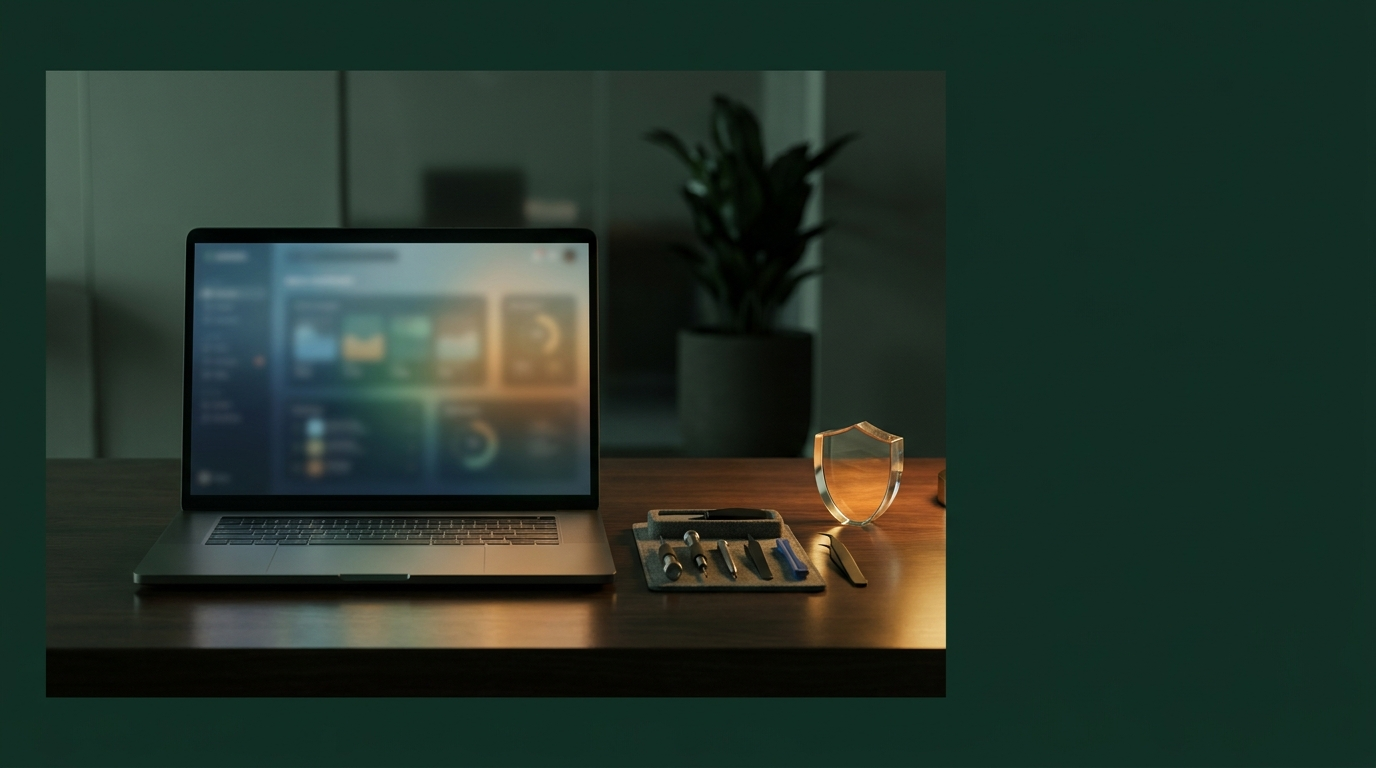 Mantenimiento WordPress: puesto de trabajo con portátil, herramientas y panel de control