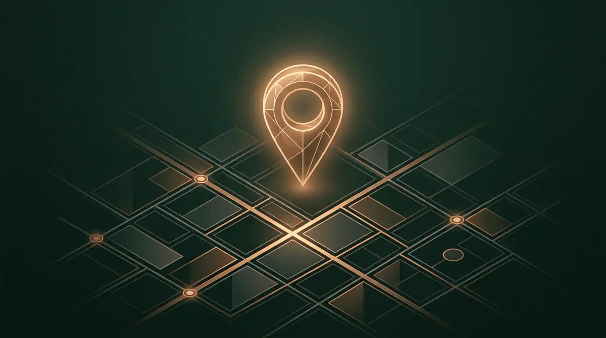 SEO local: pin de ubicación sobre un mapa de ciudad, posicionamiento en la zona