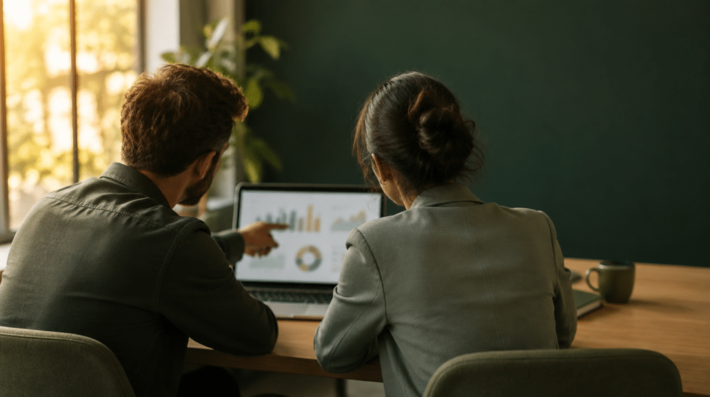 Dos consultores de Kuasar revisando un dashboard de analítica web durante una sesión de estrategia SEO