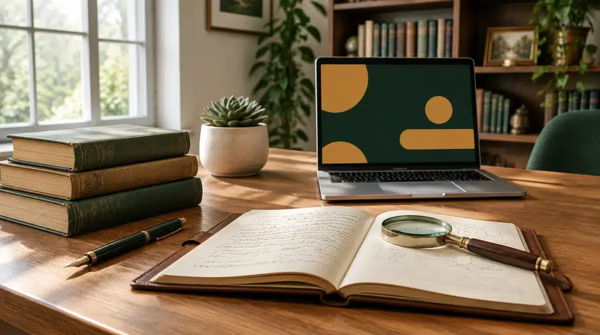 Escritorio con libros, cuaderno y lupa que ilustra el E-E-A-T: experiencia, pericia, autoridad y confianza
