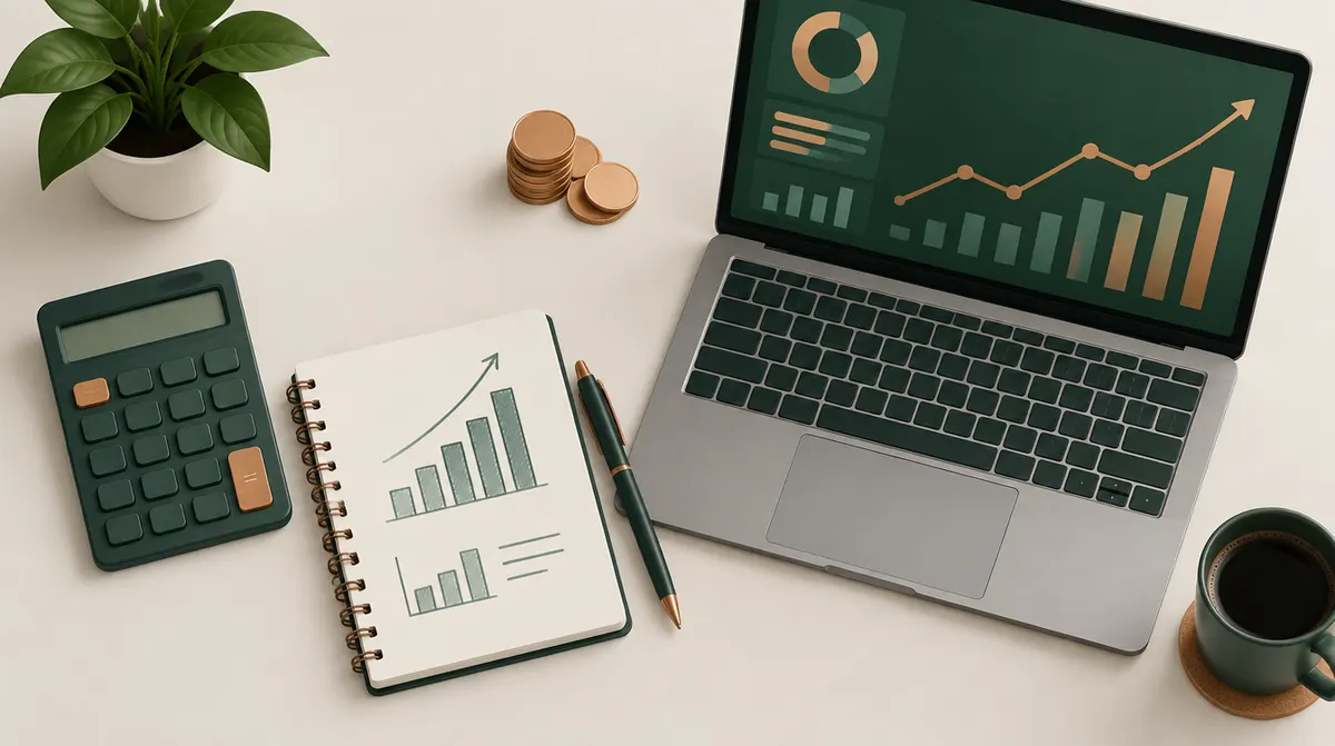 Escritorio con calculadora, cuaderno y portátil con gráficos que ilustra el presupuesto SEO