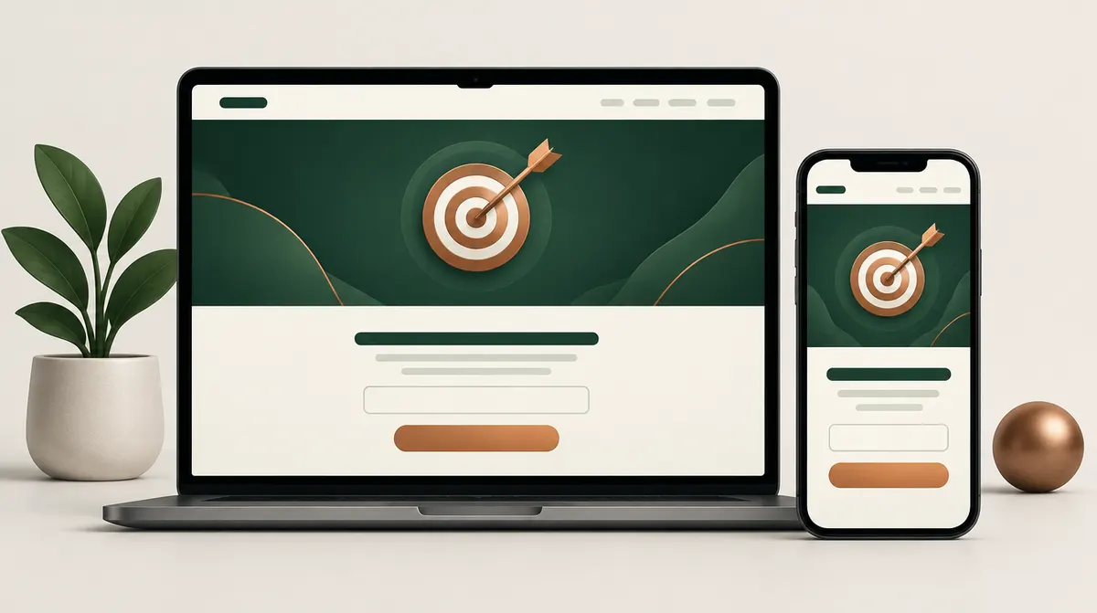 Portátil y móvil con el esquema de una landing page y una diana que ilustra qué es una landing page