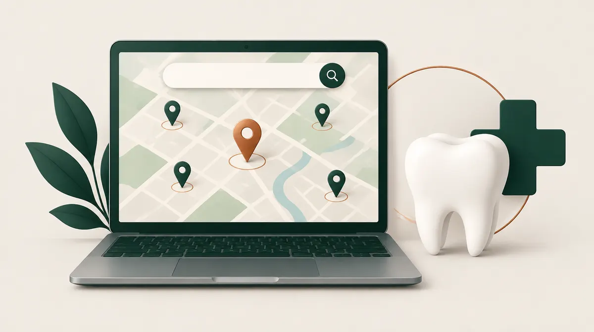Portátil con un mapa de búsqueda local y un diente que ilustra el SEO para clínicas dentales